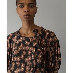 Caron Callahan Tavi Floral Puff Sleeve Tie Neck Viscose Blouse Brown Gray Size M